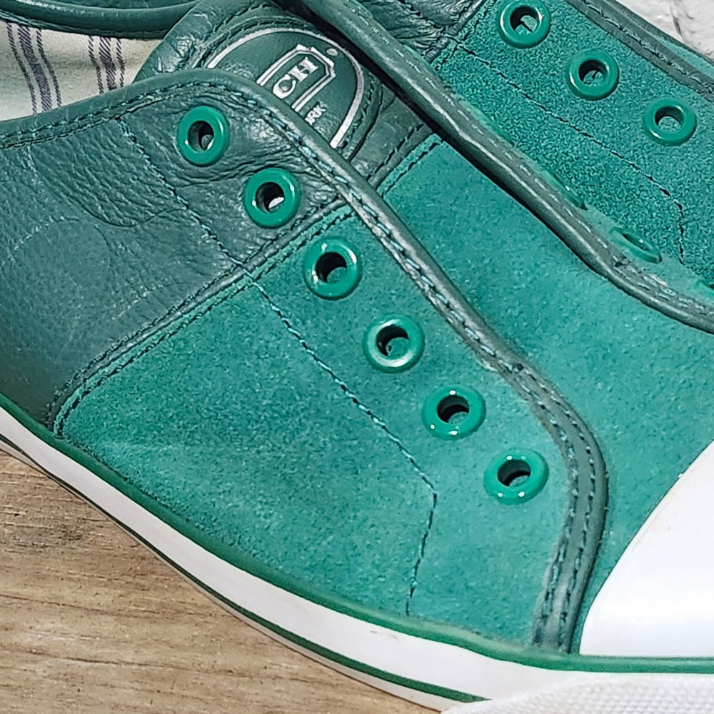Coach 90s Mika Green Leather Suede Embossed Logo Low Top Sneaker Women 9 Cap Toe - Picture 12 of 16
